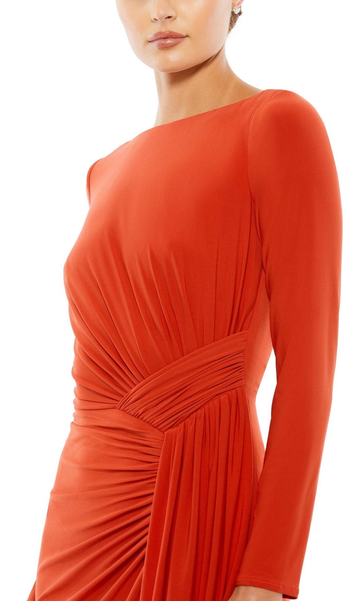 A woman wearing the Long Formal Dress 26714 by Mac Duggal in orange, a long sleeve fitted style with ruched detailing at the waist and hip, shown from shoulders to thighs.